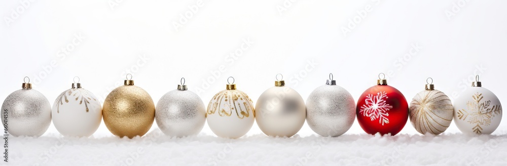 White, red and gold Christmas balls with golden pattern on clear background. New year decoration, festive atmosphere concept. Banner with copy space White, red and gold Christmas balls with golden pattern on clear background. New year decoration, festive atmosphere concept. Banner with copy space