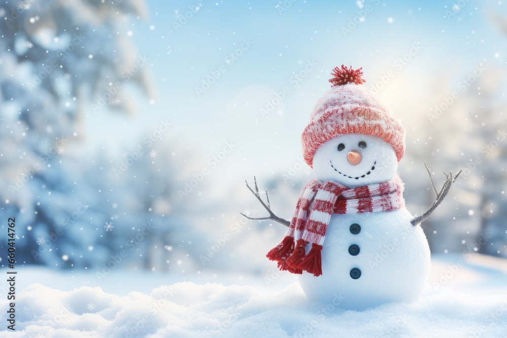 Happy snowman in knitted red cap and scarf standing in winter landscape. Festive background with a lovely snowman. Merry Christmas and happy New Year greeting card with copy space