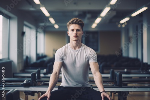 Group portrait photography of an exhausted boy in his 20s practicing pilates in an empty room. With generative AI technology