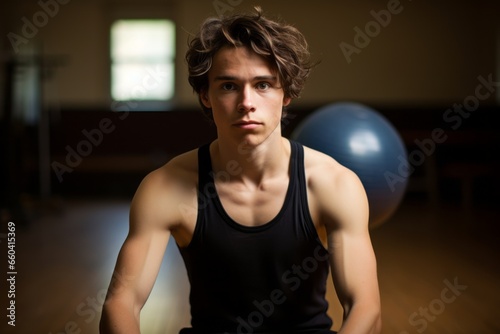 Photography in the style of pensive portraiture of an energetic boy in his 20s practicing pilates in an empty room. With generative AI technology © Markus Schröder