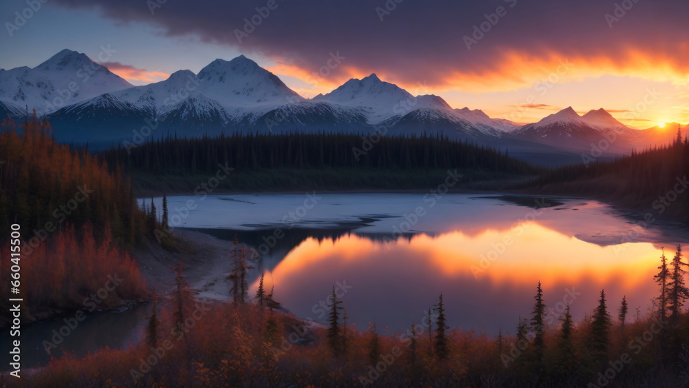 Beautiful rich nature of Alaska at sunset. river, mountains, snow, trees, landscape, High resolution, photogenic.