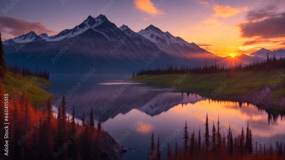 Beautiful rich nature of Alaska at sunset. river, mountains, snow, trees, landscape, High resolution, photogenic.