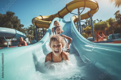 Children have fun playing on the slides in the water park photo