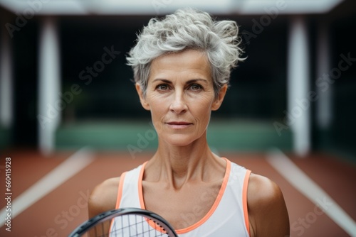 Close-up portrait photography of a tired mature woman playing paddle in a court. With generative AI technology