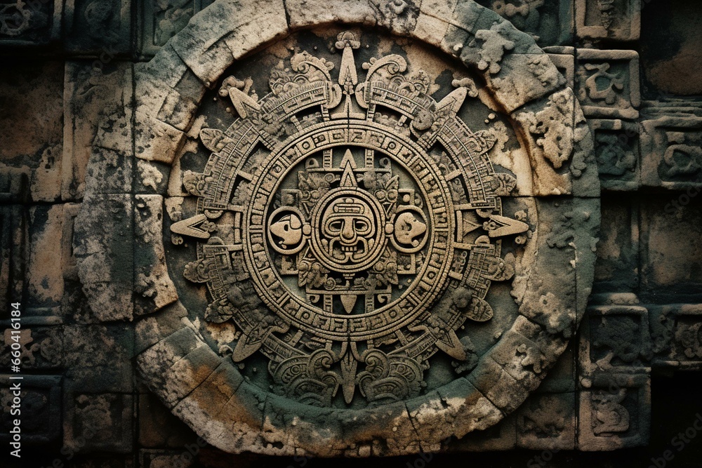 Aged Mayan calendar on worn stone. Generative AI