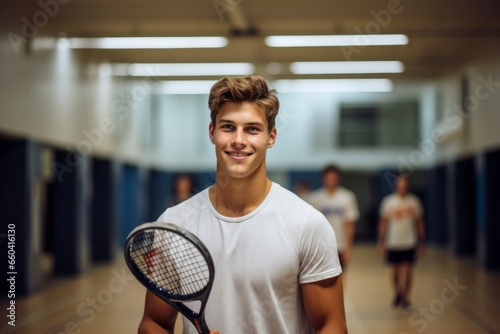 Medium shot portrait photography of a handsome boy in his 20s playing paddle in a court. With generative AI technology © Markus Schröder