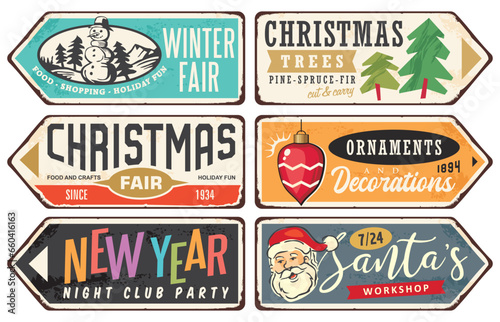 Vintage signs collection for Christmas and winter events, Santa Claus toy shop, gifts, Christmas trees and ornaments store. Retro billboard design templates. Seasonal vector illustrations.