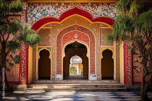 Entrance at palace, Jaipur, India. Symbolizes winter, devoted to goddess. Generative AI