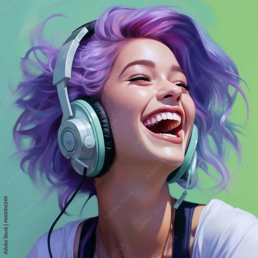 Happy Young woman with purple hair in headphones listening to music. Pastel colours trend