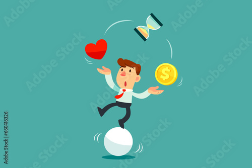 businessman juggling between heart hourglass gold coin