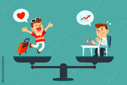 businessman working and traveling on balance scale