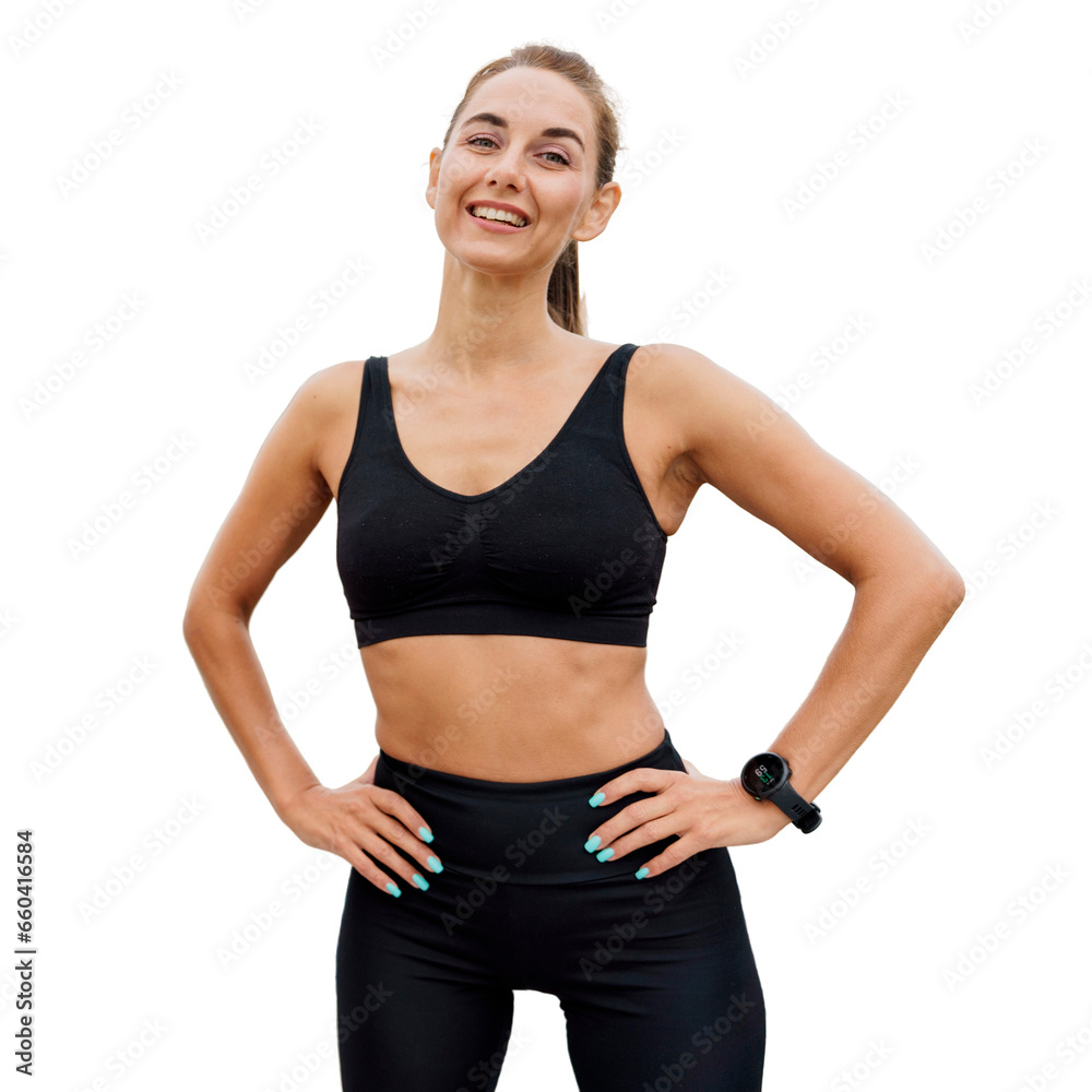 Portrait of a fitness trainer woman smiling in sportswear. A sporty confident person is an exercise. Motivation instructor Portrait of a fitness trainer woman smiling in sportswear. A sporty confident person is an exercise. Motivation instructor