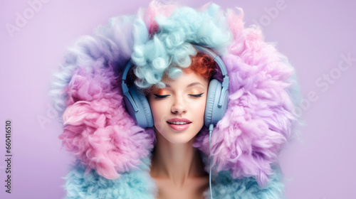 Dreaming young woman  in headphones listening to music. Pastel colours trend