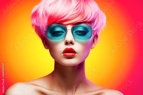 fashion portrait of a girl with a stylish haircut  pink hair