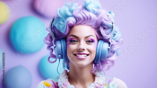 Happy young woman in headphones listening to music. Pastel colours trend