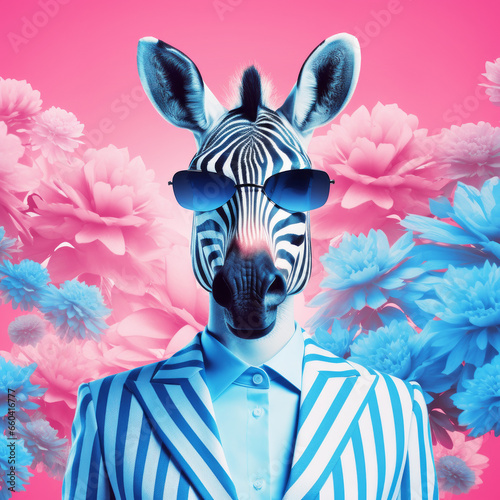 Modern collage of person with zebra face and flowers background