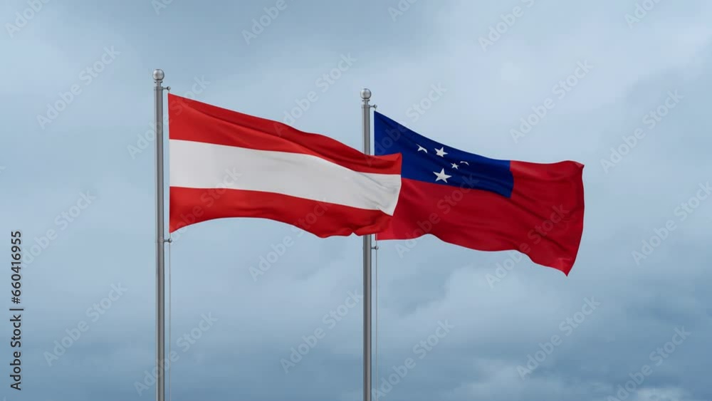 Samoa and Austria flag waving together on cloudy sky, endless seamless loop, two country cooperation concept Samoa and Austria flag waving together on cloudy sky, endless seamless loop, two country cooperation concept