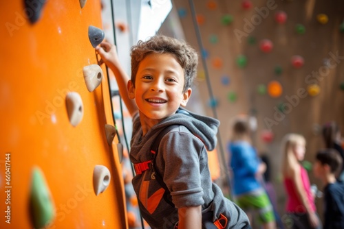 Sports portrait photography of an inspired kid male climbing in a climbing wall. With generative AI technology photo