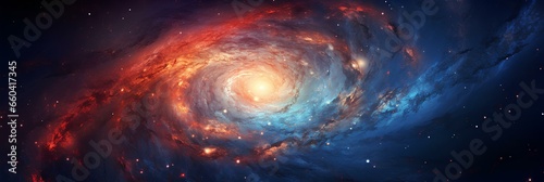 Cosmic background with fantastic view of spiral galaxy, gravity and stardust.