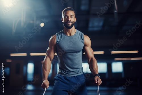 Close-up portrait photography of a serious mature man jumping rope in a gym. With generative AI technology photo