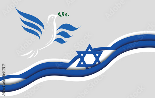 linear silhouette dove with a olive branch in the colors of the Israeli flag. Pigeon Dove Birds in shape of israel flag blue and white in the struggle for peace over waves. Support Israel