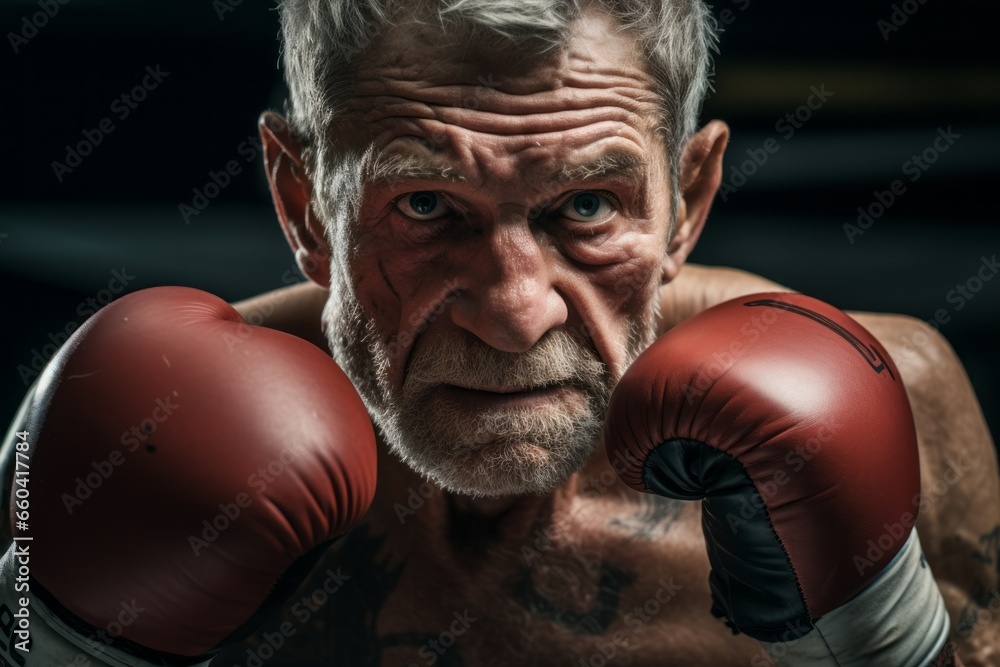 Close-up portrait photography of a determined mature man practicing boxing in a ring. With generative AI technology