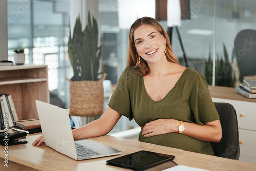 Laptop, portrait or happy pregnant woman in office on social media, website or internet for research. Maternity, desk or confident manager with pregnancy, smile or networking technology in workplace