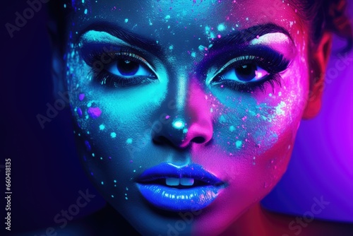Fashion female model in colorful bright neon blue and purple lights. Glitter vivid neon makeup, trendy glowing make-up concept