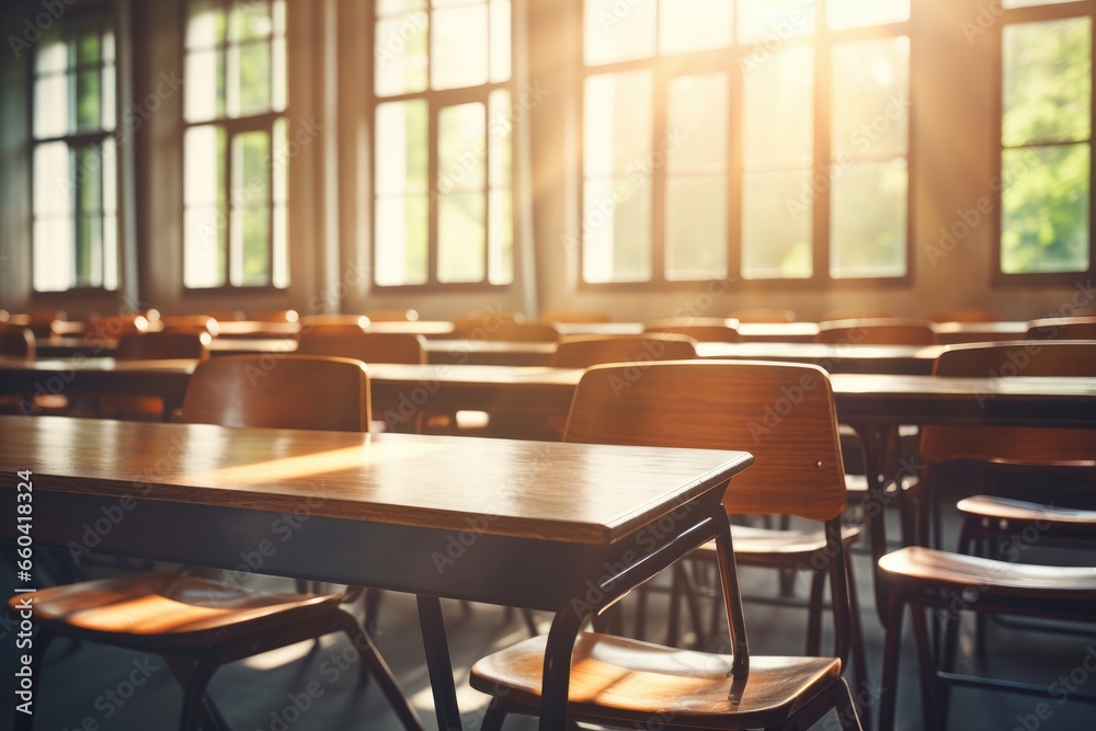 School clasroom with wooden furniture without kids at university with sunlight. Generative Ai.