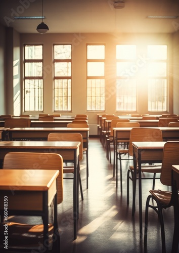 School clasroom with wooden furniture without kids at university with sunlight. Generative Ai.
