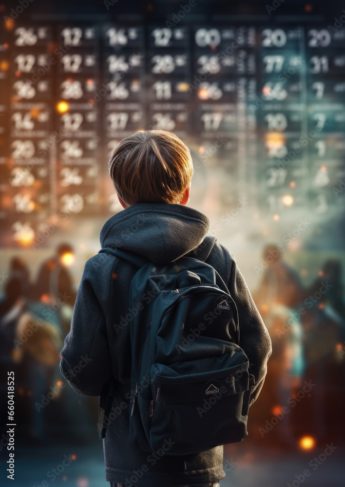 Young school kid with backpack is standing near futuristic numbers, math. Generative Ai.