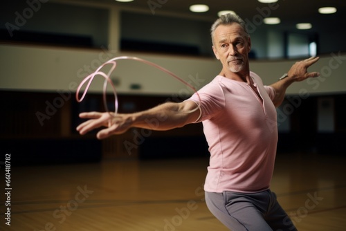 Headshot portrait photography of a determined mature man doing rhythmic gymnastics in an empty room. With generative AI technology
