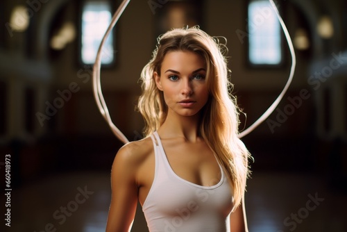Headshot portrait photography of an inspired girl in her 20s doing rhythmic gymnastics in an empty room. With generative AI technology