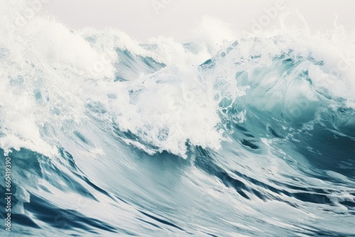 A dynamic background image for creative content showcasing surfing waves breaking with frothy white foam, capturing the thrilling essence of the ocean's energy. Photorealistic illustration