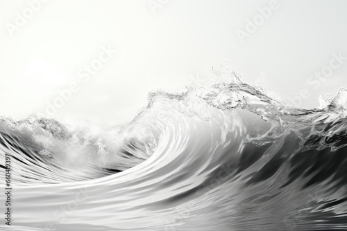 A captivating black and white background image featuring surfing waves breaking with frothy white foam, emphasizing the raw power of the ocean. Photorealistic illustration