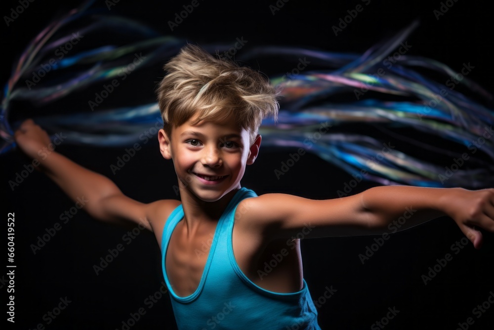 Lifestyle portrait photography of an energetic kid male doing rhythmic gymnastics in a studio. With generative AI technology Lifestyle portrait photography of an energetic kid male doing rhythmic gymnastics in a studio. With generative AI technology