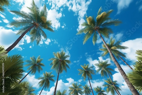 Lush palm trees under a clear blue sky with fluffy clouds. A tropical paradise with a picturesque view of nature. Generative AI