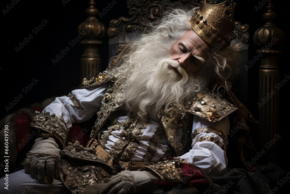 Obraz premium Old king in a golden crown sleeping on his throne