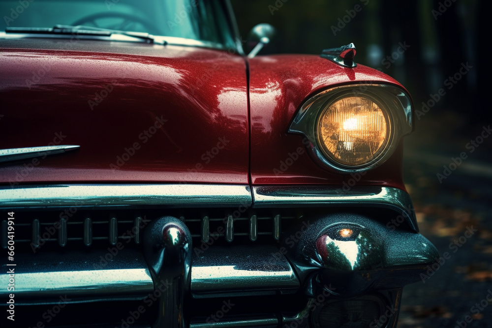 Dive into the details with a close up view capturing the timeless elegance of a classic car headlight. Ai generated