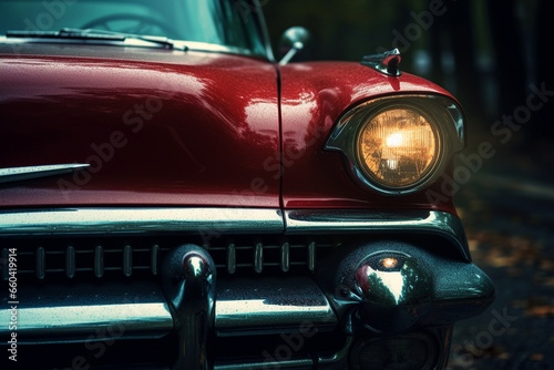 Dive into the details with a close up view capturing the timeless elegance of a classic car headlight. Ai generated © dragomirescu
