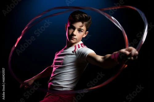 Medium shot portrait photography of a determined boy in his 20s doing rhythmic gymnastics in a studio. With generative AI technology