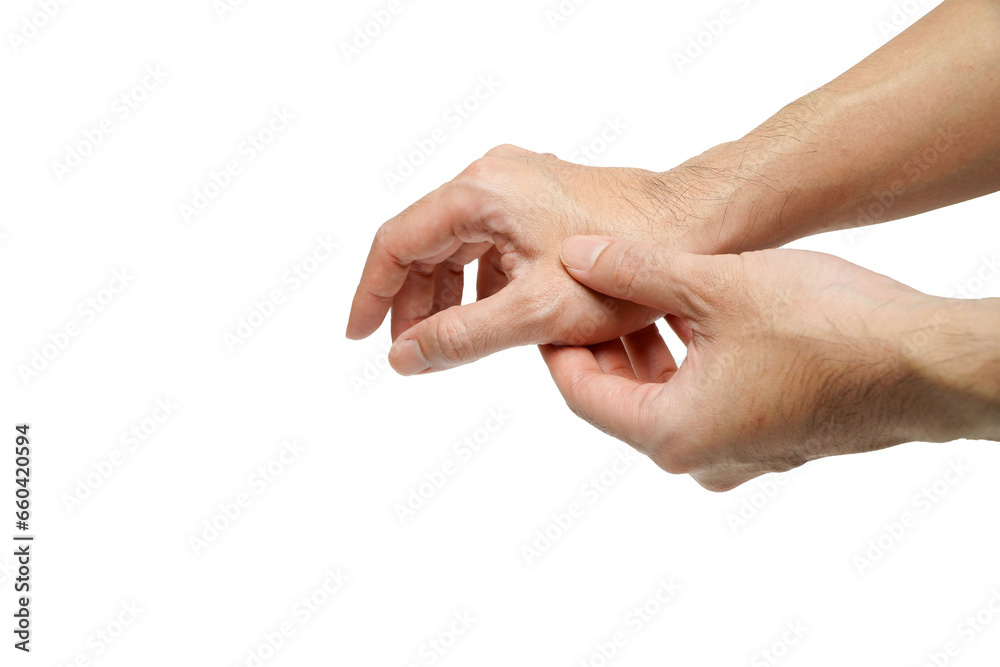 Man holding painful hand from using mouse,Office syndrome hand pain by