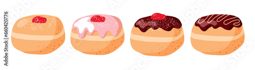 Bakery doughnut set. Cartoon flat vector illustration. Traditional food for Jewish Holiday Hanukkah. Pastry donuts, sweet food for bakery, cafe menu. Sweet unhealthy food, confectionery factory