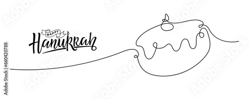 Happy Hanukkah celebration banner. Continuous one line drawing Hanukkah bakery doughnut with handwritten calligraphy lettering. Pastry donut with jam, sweet food for bakery, cafe menu by one line.