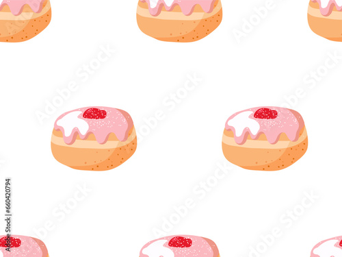 Seamless pattern with pink-glazed and red jam doughnut. Cartoon flat vector illustration with Traditional Chanukah donuts. Pastry donut background for wallpaper, wrapping, textile, scrapbooking.