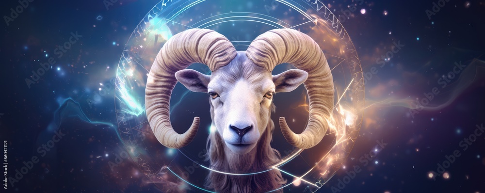 Zodiac sign of aries head with magic light in star wheel , horoscope panorama. Generative Ai. - obrazy, fototapety, plakaty 