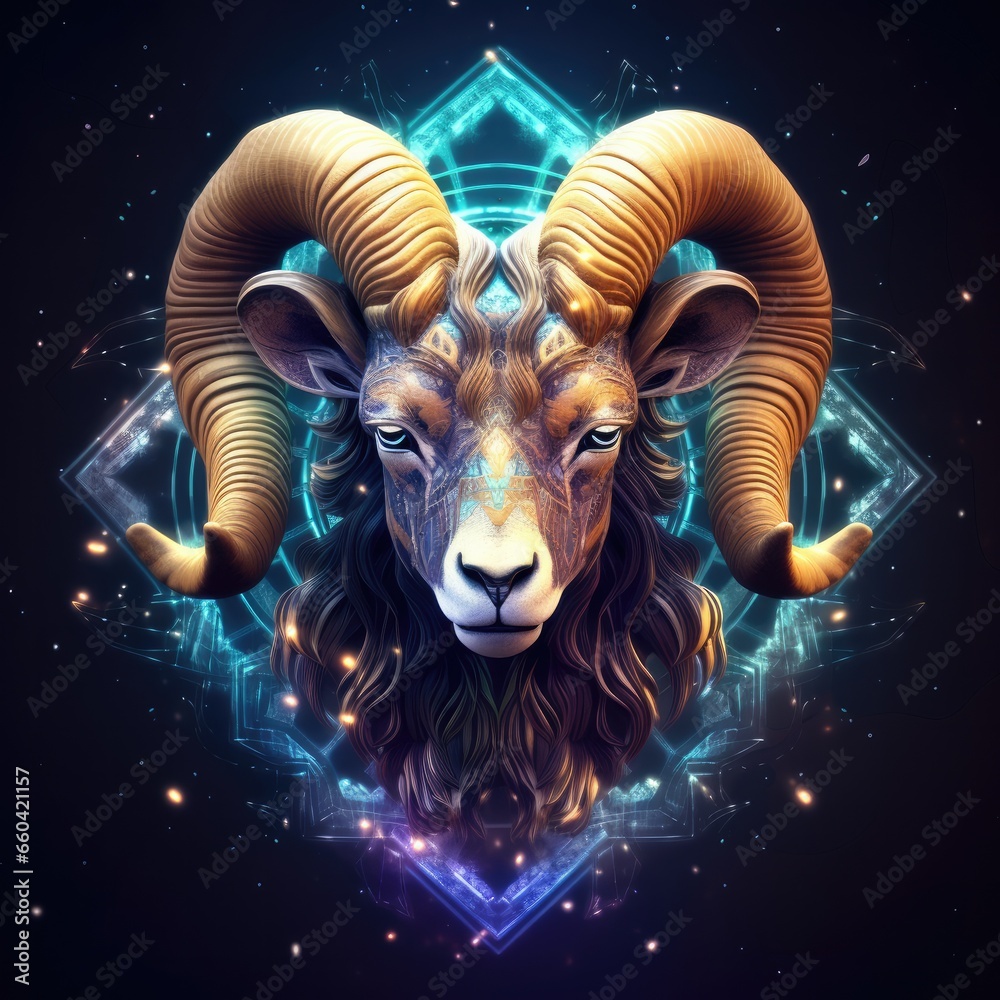 Zodiac sign of aries head with magic light in star wheel , horoscope. Generative Ai.