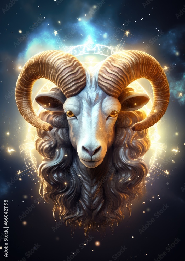 Zodiac sign of aries head with magic light in star wheel , horoscope. Generative Ai. Zodiac sign of aries head with magic light in star wheel , horoscope. Generative Ai.