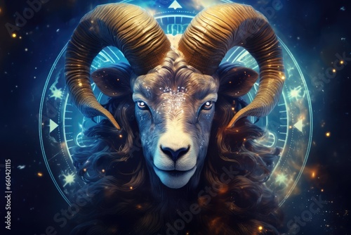 Zodiac sign of aries head with magic light in star wheel , horoscope. Generative Ai. photo