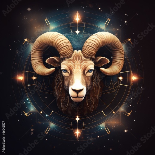 Zodiac sign of aries head with magic light in star wheel , horoscope. Generative Ai.